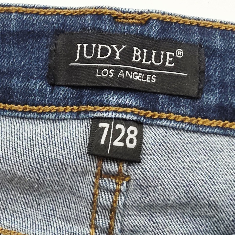 Judy Blue Jeans Womens 7/28 Dark Wash Mid Rise Skinny Distressed Crop Frayed Hem - Picture 4 of 11